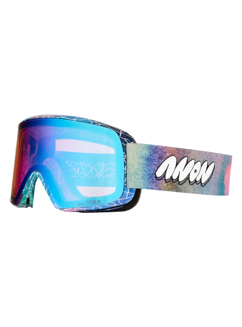 Anon M6S ski goggles, rainbow strap with graffiti print, blue mirrored lens