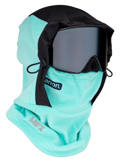 Anon MFI fleece helmet hood facemask in mint green with black trim and goggle