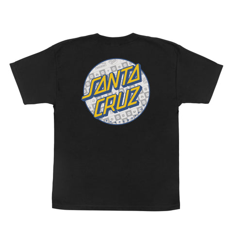 Black youth tee, back view, Santa Cruz Skateboards circle logo with Pokémon energy icons