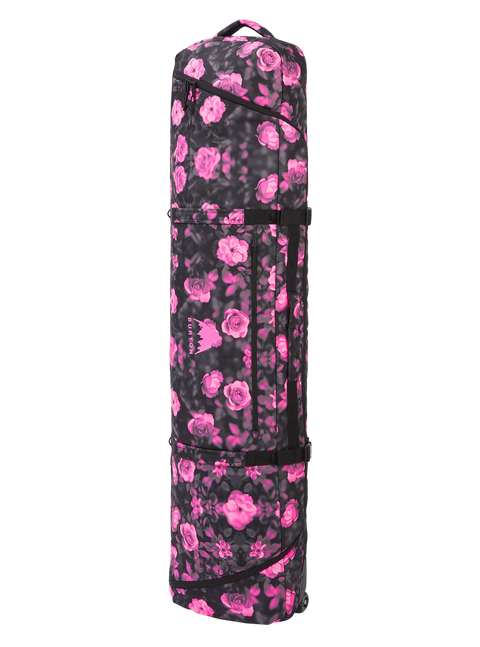 Burton Wheelie Gig snowboard bag in black with pink floral rose print and wheels