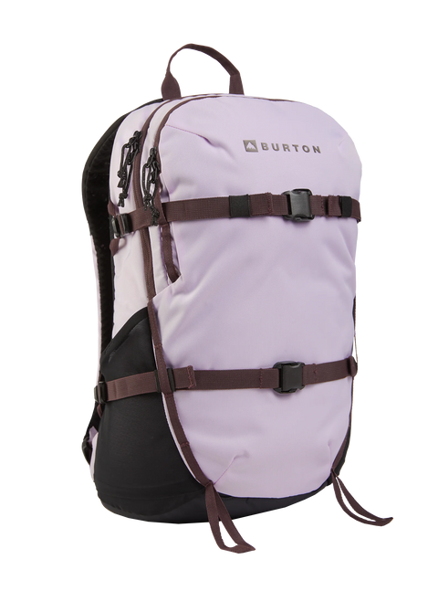 Burton Day Hiker Backpack in lavender and black with buckle straps