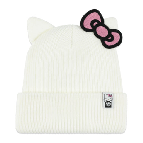 White ribbed knit beanie with cat ears and pink Hello Kitty bow patch on front
