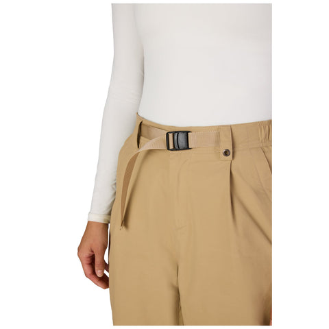 Close-up detail of women's belted khaki snow pants with clip buckle waistband