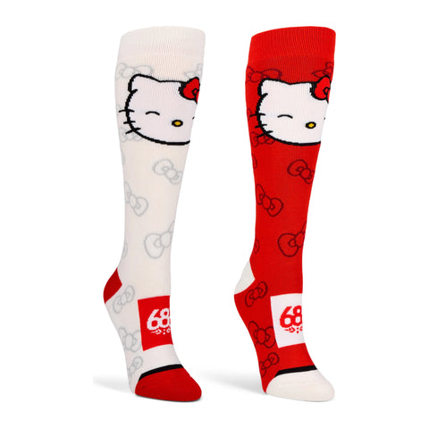 686 Hello Kitty knee-high socks in white and red with Hello Kitty face and bow patterns
