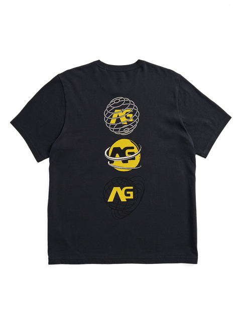Analog Men's black t-shirt back view with three yellow AG globe logos