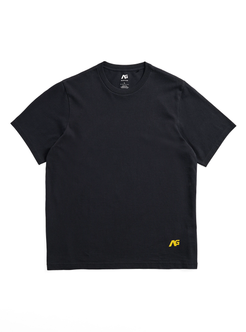 Analog men's black short sleeve t-shirt with small yellow AG logo at hem
