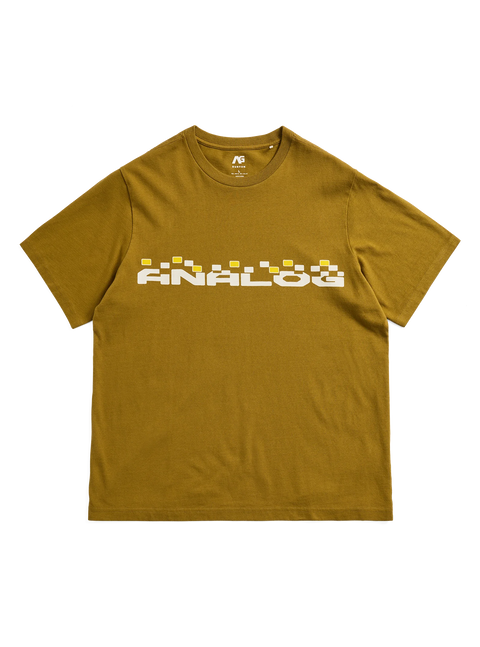 Analog men's olive gold crew neck tee with pixelated ANALOG chest graphic