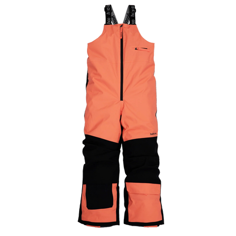 Kids coral and black two-tone insulated snow bib pants with adjustable straps