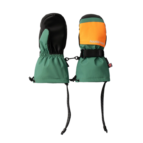 Hootie Hoo kids ski mittens in green, orange, and black with wrist straps