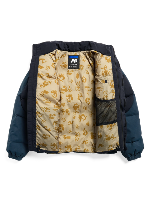 Analog Burton men's navy puffer jacket open showing tan pixelated camo lining, size S