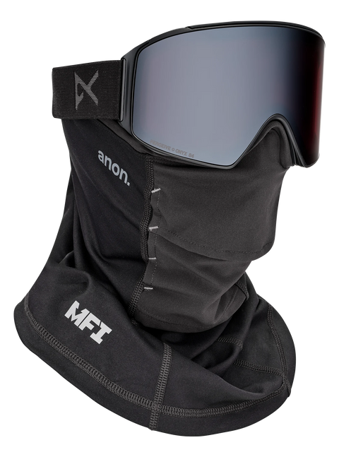 Anon MFI black paneled neck warmer paired with dark lens ski goggles