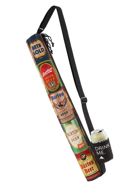 Burton Beeracuda cylindrical cooler bag with vintage beer label print and side can holder