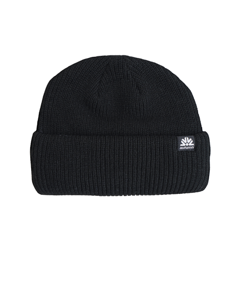 Autumn Double Roll Beanie in black with ribbed knit cuff and woven logo patch