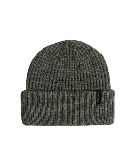 Autumn heather olive green ribbed thermal knit cuffed beanie with woven label