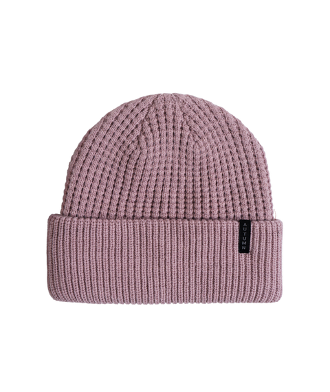 Autumn Thermal Knit Beanie in dusty mauve with waffle texture and ribbed cuff