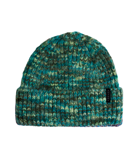 Autumn ribbed knit beanie in teal and green marbled space-dye pattern with cuffed brim