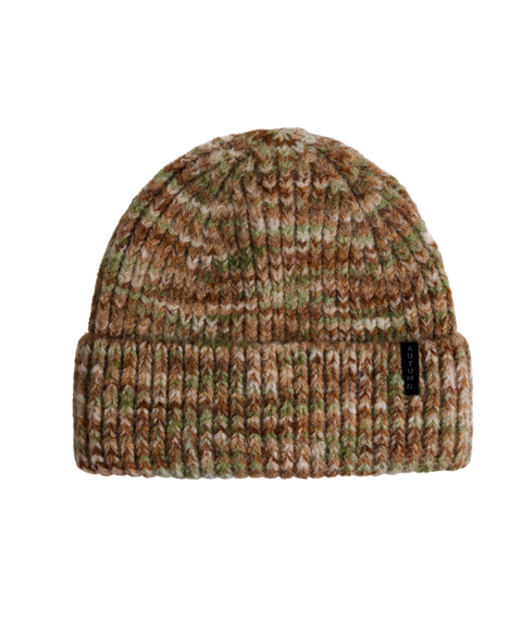 Autumn ribbed knit beanie in marled brown, green, and cream with cuffed brim