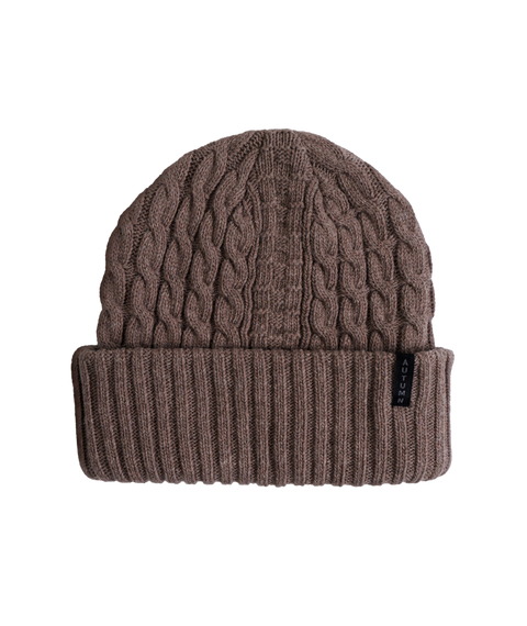 Autumn cable knit beanie in taupe brown with ribbed cuff and woven label