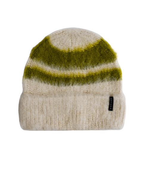 Autumn Sport cream knit beanie with olive green stripe pattern and fold cuff