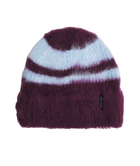 Autumn Sport knit beanie in burgundy and light blue horizontal stripes