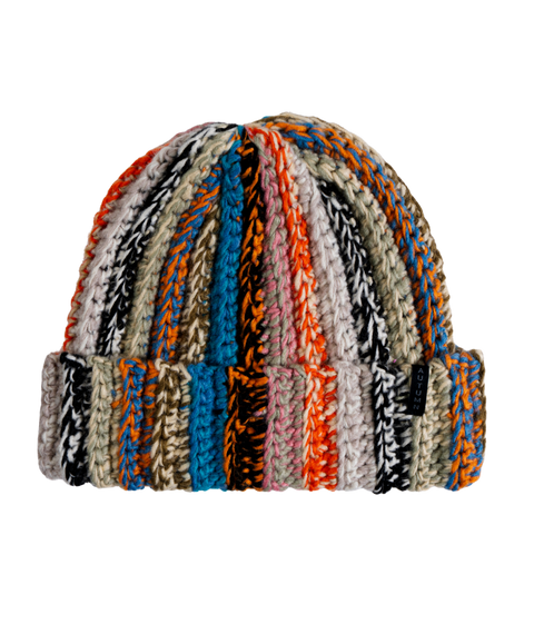Autumn chunky knit beanie with multicolor vertical stripes in orange, blue, pink, and gray