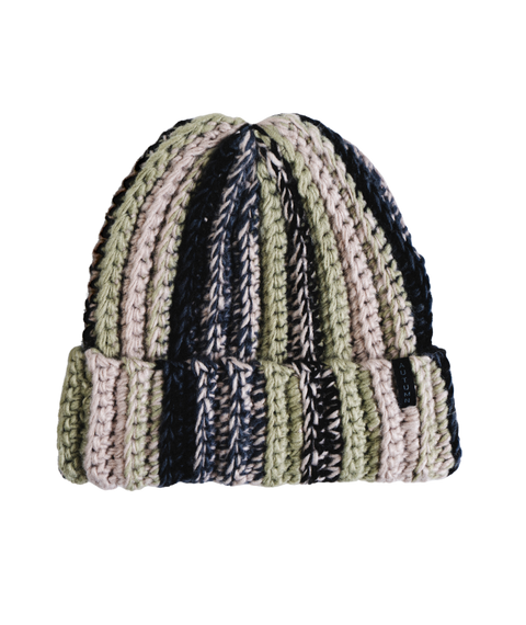 Autumn chunky ribbed knit beanie in striped sage green, blush pink, and navy