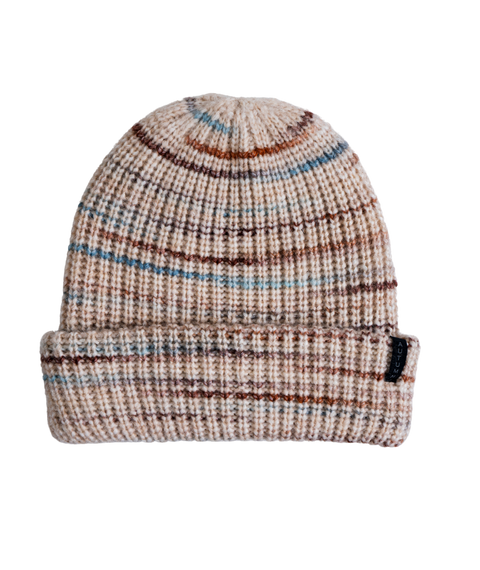 Cream chunky knit beanie with blue, brown, and rust stripe pattern, folded cuff