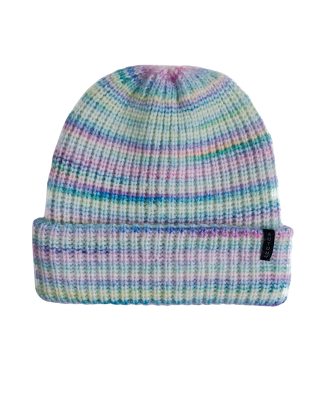 Autumn chunky ribbed knit beanie in pastel multicolor space-dye stripe pattern with cuffed brim