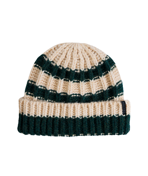 Autumn ribbed knit beanie with cream and forest green horizontal stripes and cuffed brim