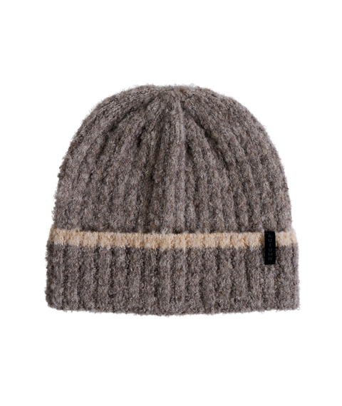Autumn Teddy Beanie in gray with cream stripe and ribbed knit texture