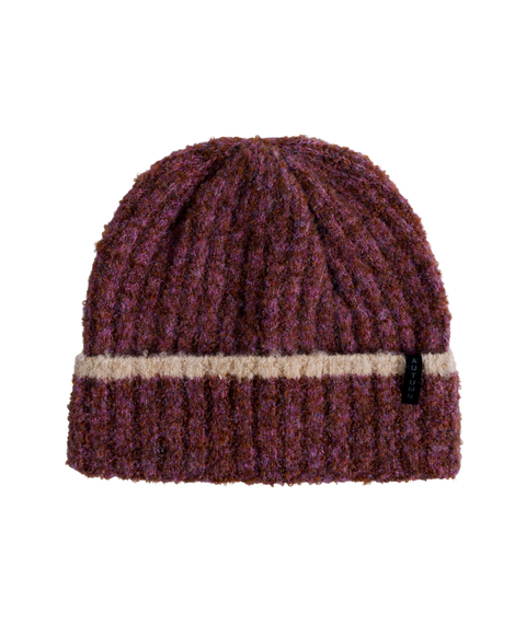 Autumn ribbed knit beanie in purple marl with a cream stripe and fold-up cuff