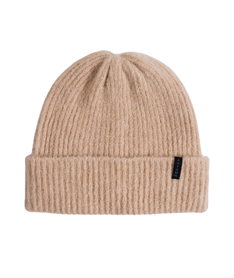 Autumn Morgs ribbed knit beanie in tan camel with folded cuff and logo tag