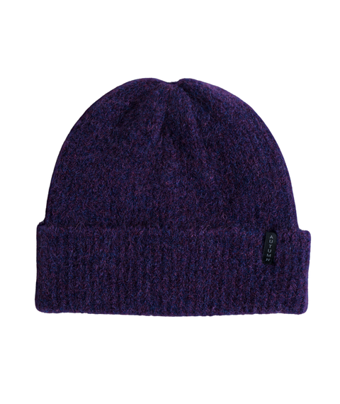 Autumn Morgs Beanie in heathered purple with ribbed cuff and brand label