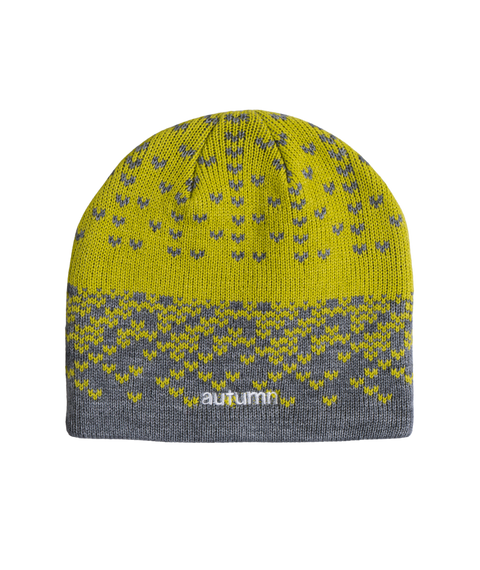 Autumn Warp Beanie in yellow-green and gray Fair Isle knit pattern