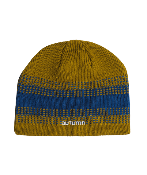 Autumn Warp Beanie in olive gold and blue striped knit pattern