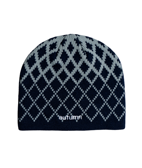 Autumn Warp Beanie in navy blue with gray diamond knit pattern