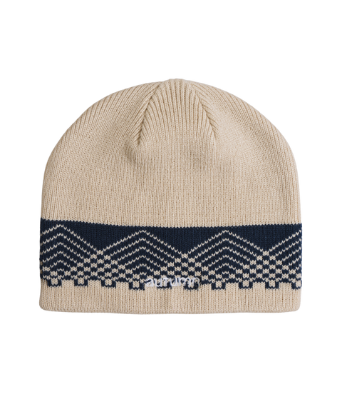 Autumn Warp Beanie in tan with navy zigzag knit pattern band and logo