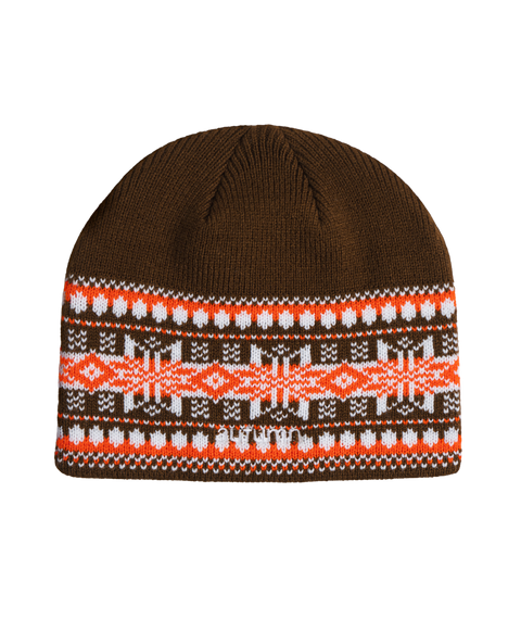 Autumn Warp Beanie in brown with orange and white Fair Isle knit pattern