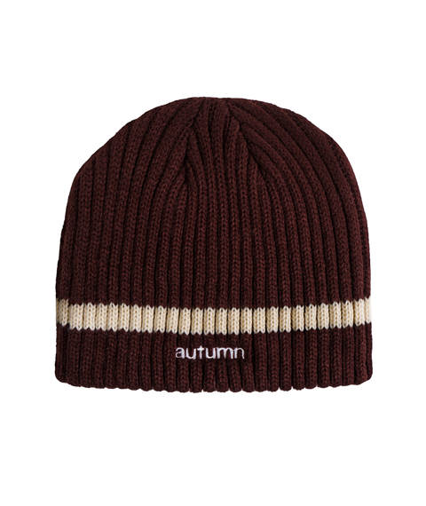 Autumn Stamnes ribbed knit beanie in dark brown with cream stripe accent