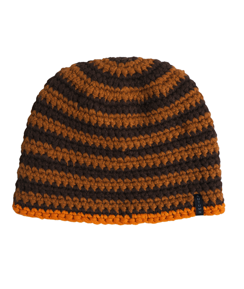 Autumn crochet beanie in brown and rust stripes with bright orange trim