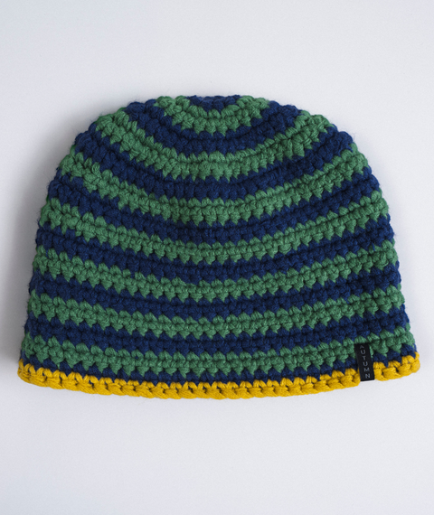 Autumn crochet beanie with navy and green stripes and a gold yellow brim