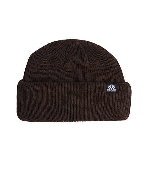 Autumn Double Roll Beanie in dark brown ribbed knit with cuffed brim