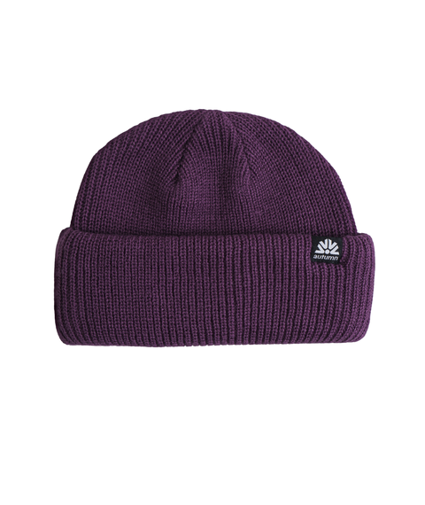 Autumn Double Roll Beanie in deep purple with ribbed cuff and logo patch