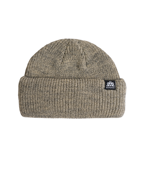 Autumn Double Roll Beanie in heathered olive green with ribbed cuff and logo patch