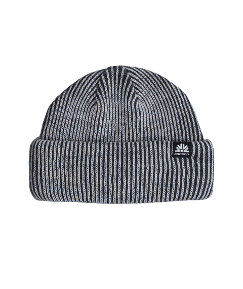 Autumn ribbed knit beanie in black and gray striped pattern with fold-up cuff