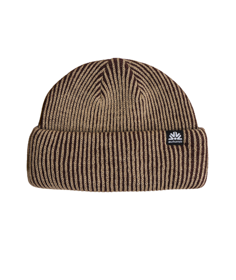 Autumn ribbed knit beanie in tan and dark brown stripes with cuffed brim