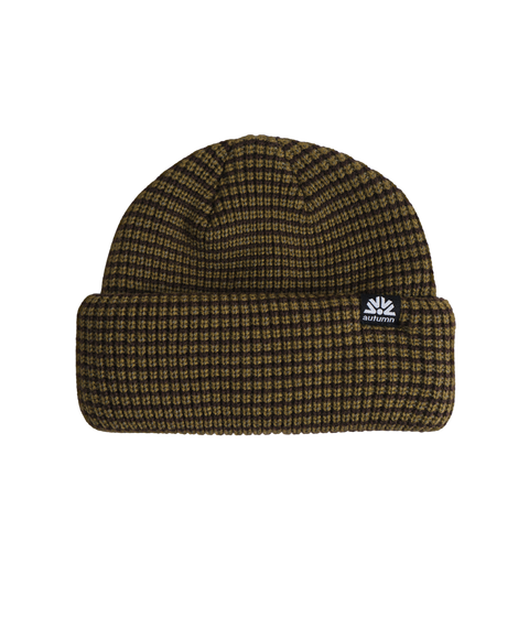 Autumn waffle knit beanie in olive and black stripe with fold cuff