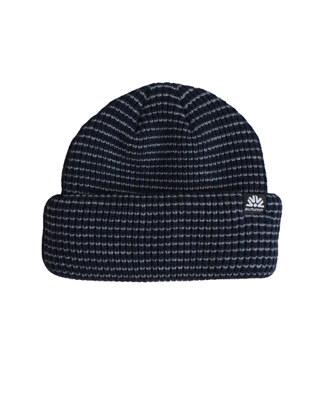 Autumn navy and grey striped waffle knit beanie with folded cuff and logo patch