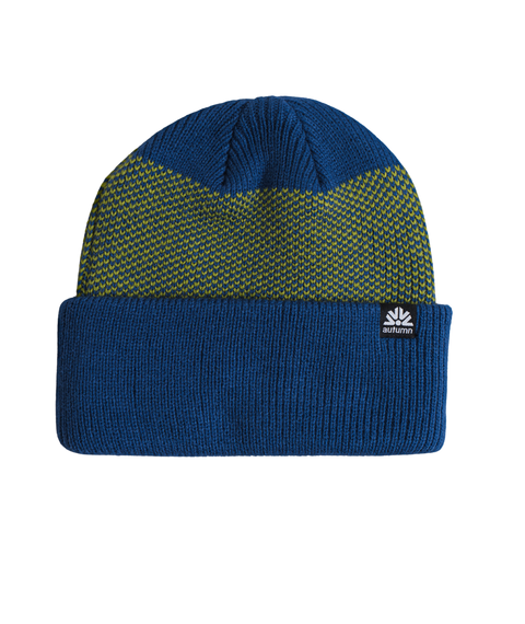 Autumn Birdseye Beanie in blue with yellow-green knit pattern and fold cuff