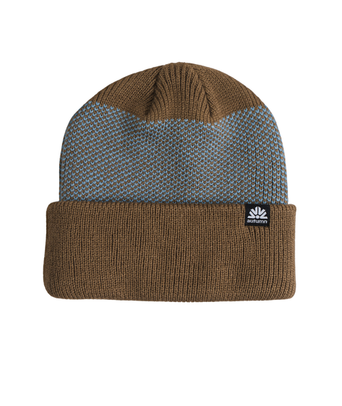 Autumn Birdseye Beanie in brown with blue speckled pattern and cuffed brim